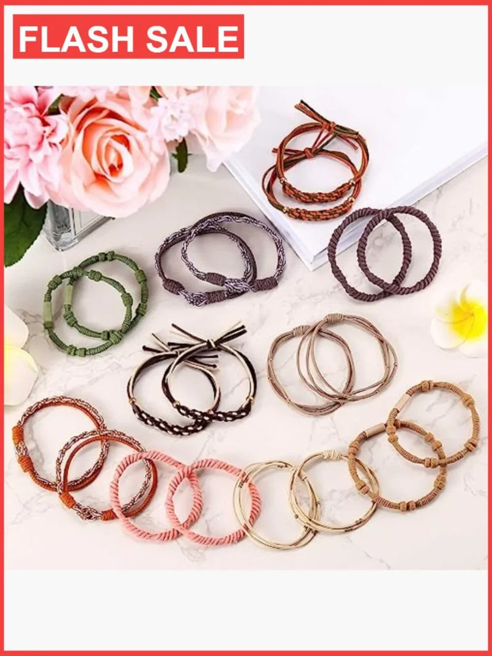 Set of 20 Boho Hair Ties Bracelets No Damage Elastics Thick Soft Nylon